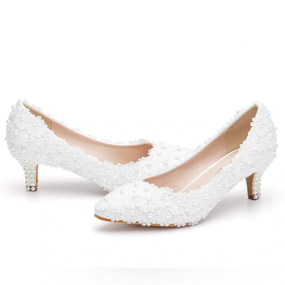 Crystal Queen Bridal White Lace Pearl Kitten Heels Wedding Pumps Size 40 8.5 US - Picture 4 of 15